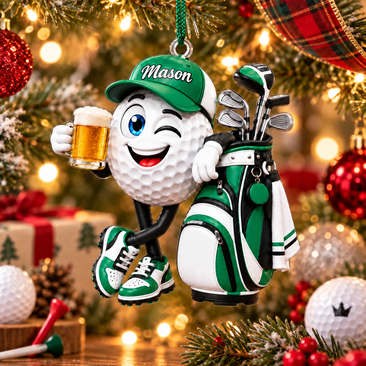 Custom Name Beer Golf Ball Acrylic Ornament, Golf Lover Gifts, Christmas Tree Decor