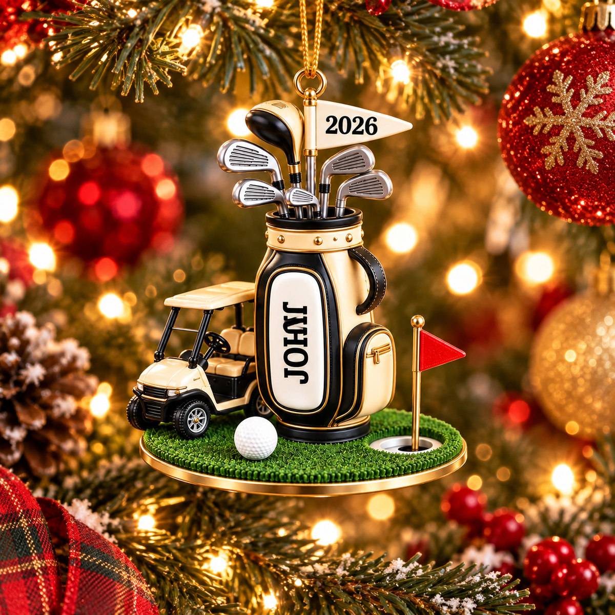 Custom Name Golf Bag And Cart Acrylic Ornament, Golf Lover Gifts, Christmas Tree Decor