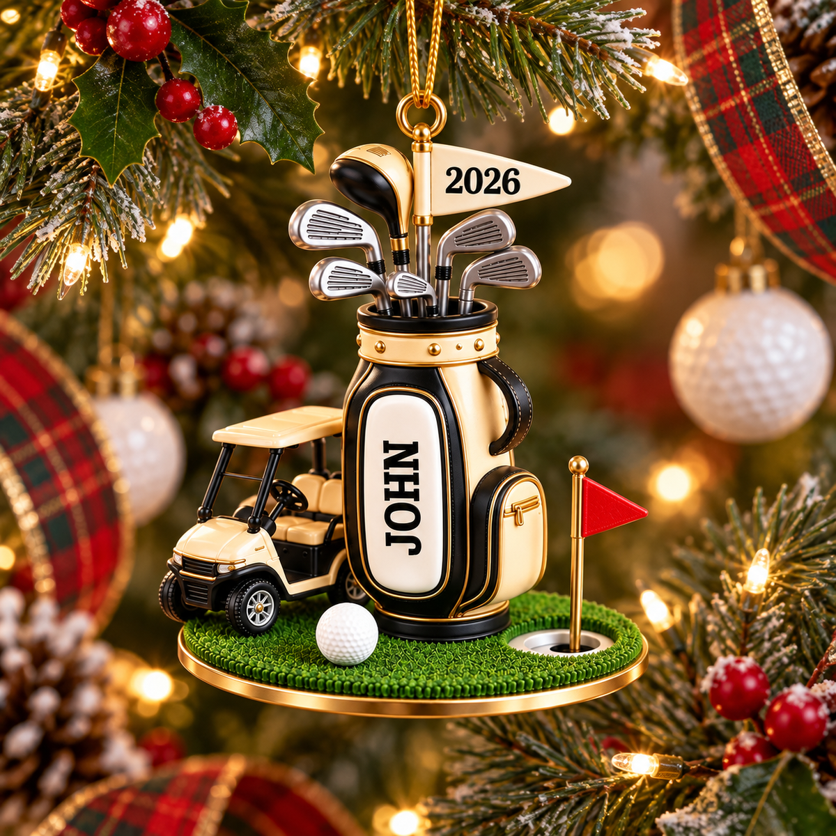 Custom Name Golf Bag And Cart Acrylic Ornament, Golf Lover Gifts, Christmas Tree Decor