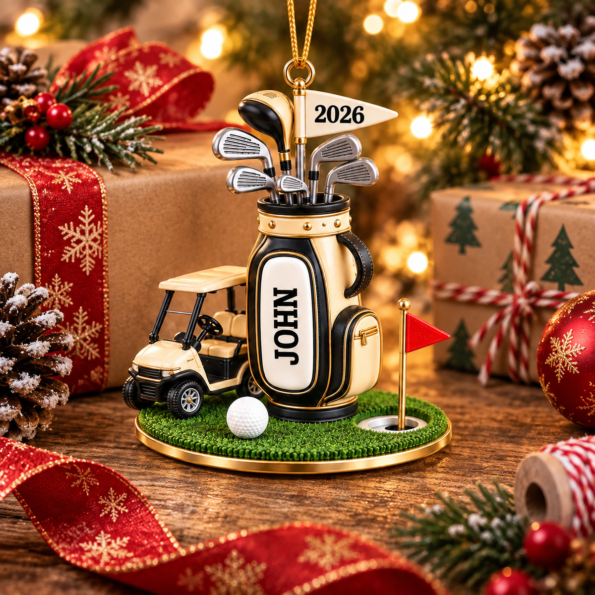Custom Name Golf Bag And Cart Acrylic Ornament, Golf Lover Gifts, Christmas Tree Decor