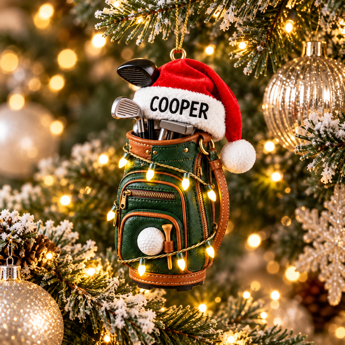 Custom Name Santa Hat Golf Bag Acrylic Ornament, Golf Christmas Gifts, Golf Ornaments