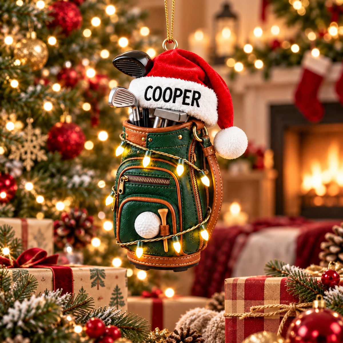 Custom Name Santa Hat Golf Bag Acrylic Ornament, Golf Christmas Gifts, Golf Ornaments