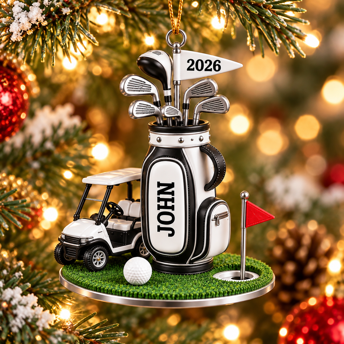 Custom Name Golf Bag And Cart Acrylic Ornament, Golf Lover Gifts, Christmas Tree Decor