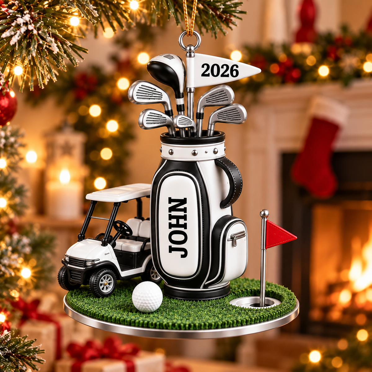 Custom Name Golf Bag And Cart Acrylic Ornament, Golf Lover Gifts, Christmas Tree Decor