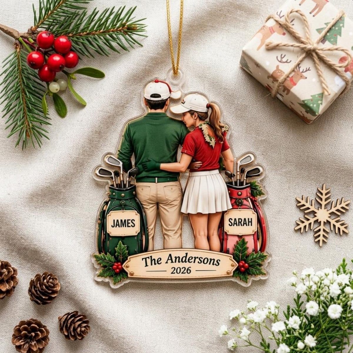 Custom Golf Couple Acrylic Ornament, Christmas Decorations, Gifts For Couples