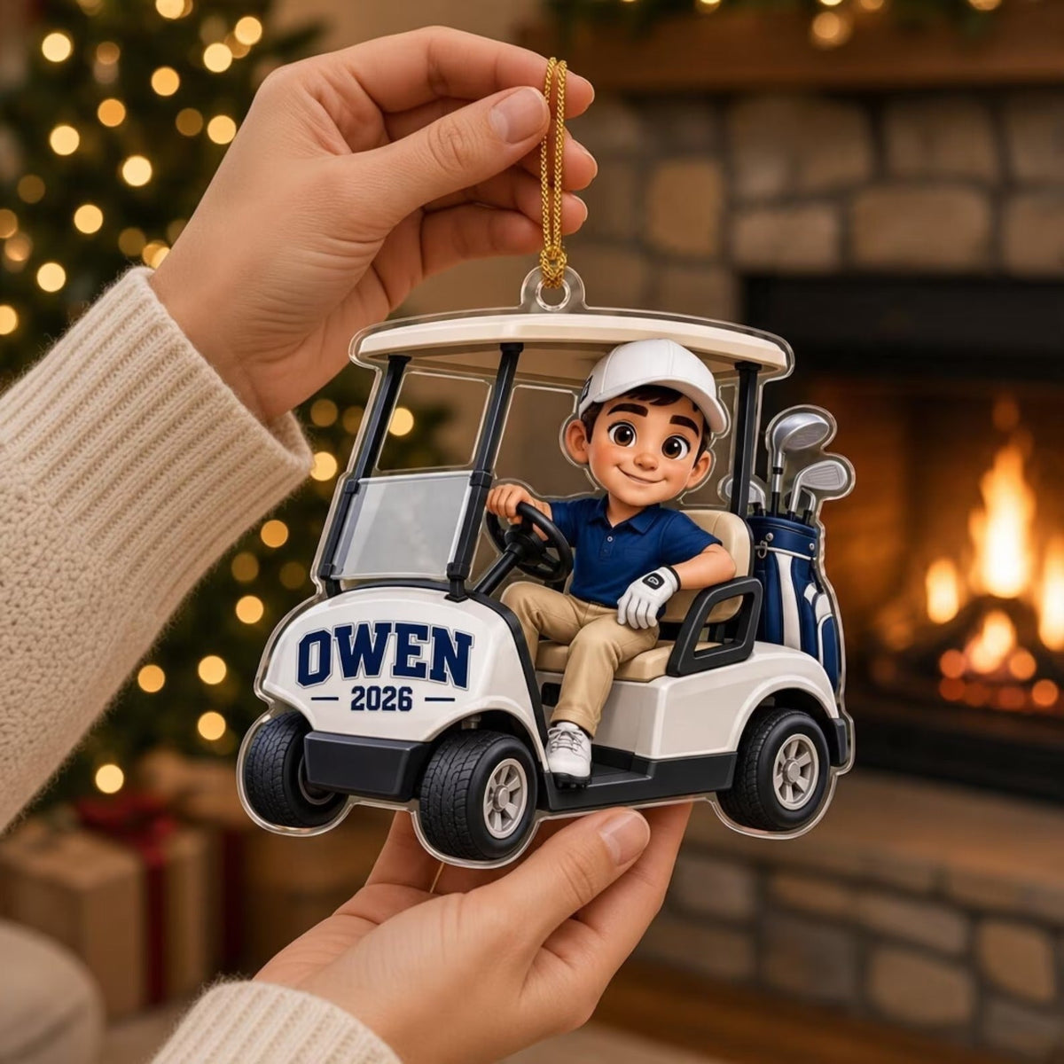 Custom Golf Cart Boy Acrylic Ornament, Holiday Decorations, Gifts For Son