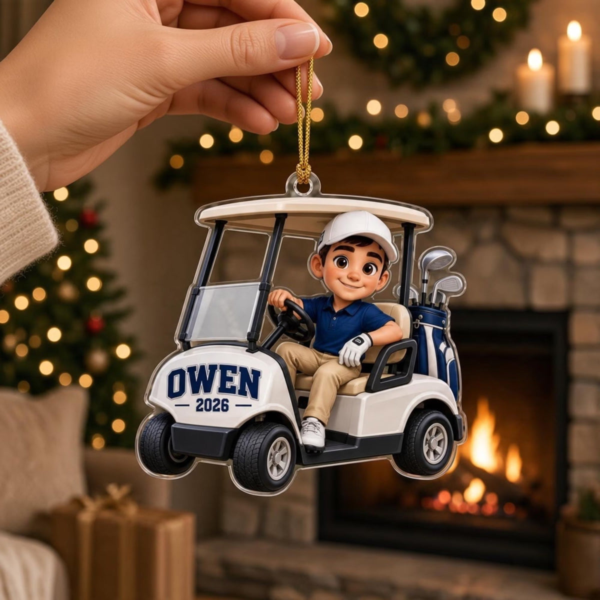 Custom Golf Cart Boy Acrylic Ornament, Holiday Decorations, Gifts For Son