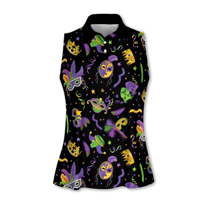 Mardi Gras Golf Sleeveless Polo Shirts Womens, Mardi Gras Black Golf Shirt, Ladies Golf Shirt