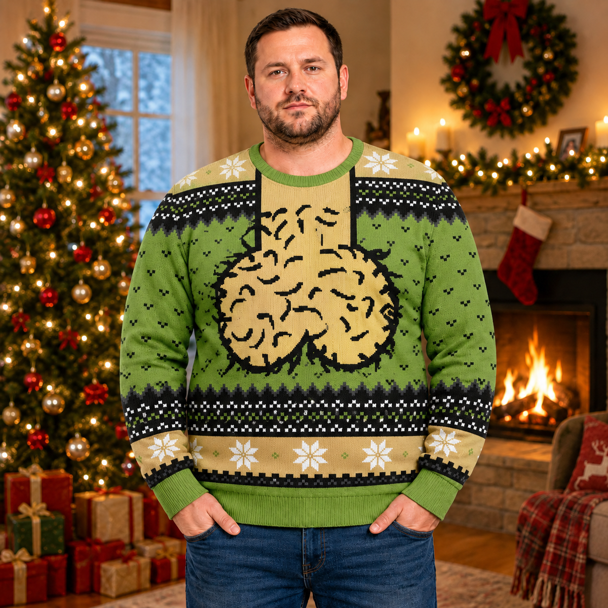 Funny Ugly Christmas Sweater Mockup, Green Cockmas Meme Christmas Sweater for Men