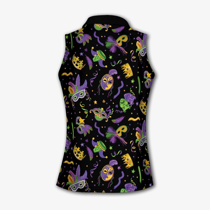 Mardi Gras Golf Sleeveless Polo Shirts Womens, Mardi Gras Black Golf Shirt, Ladies Golf Shirt