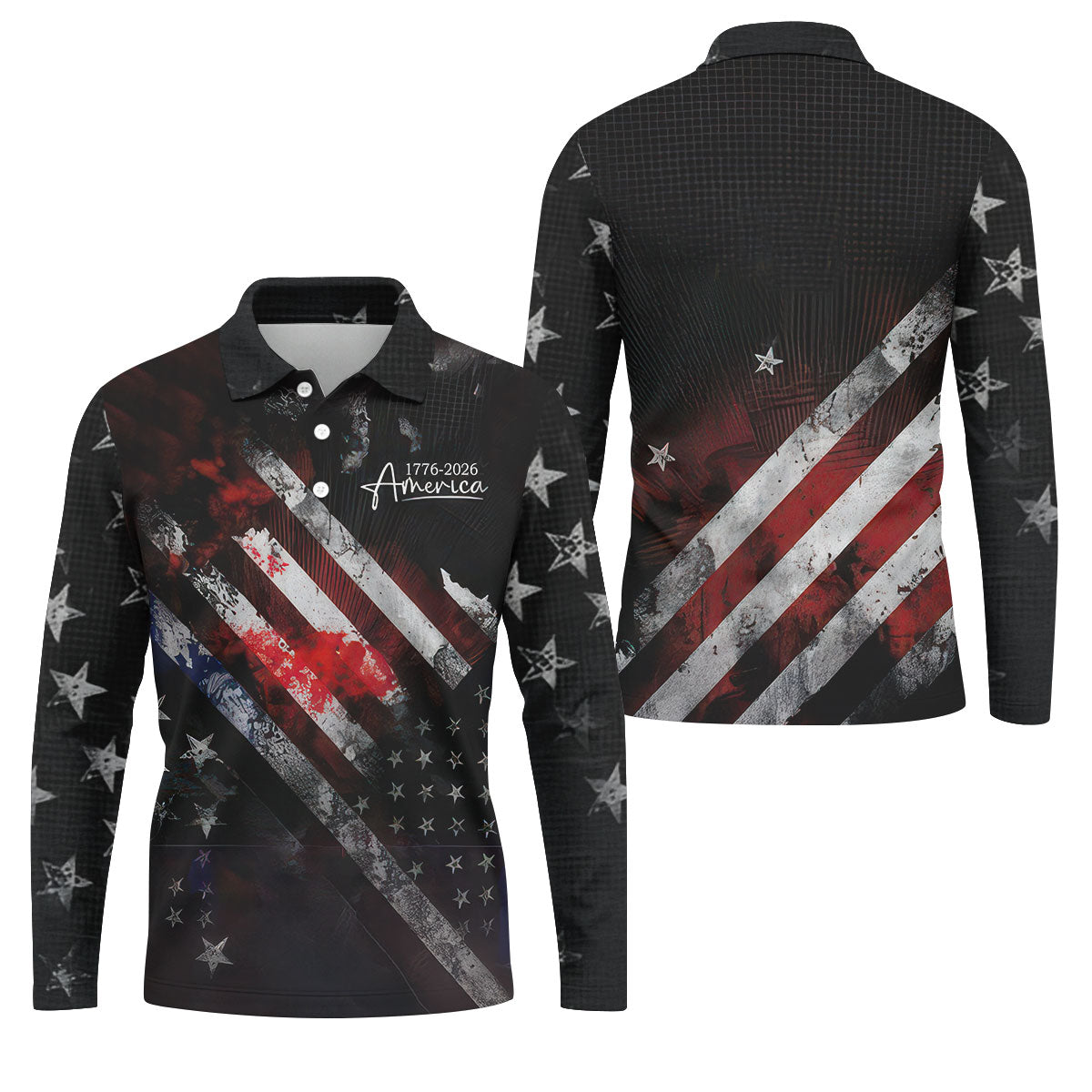 1776-2026 America Distressed Flag Black Golf Shirt, Patriotic 4th Of July Golf Shirts For Men