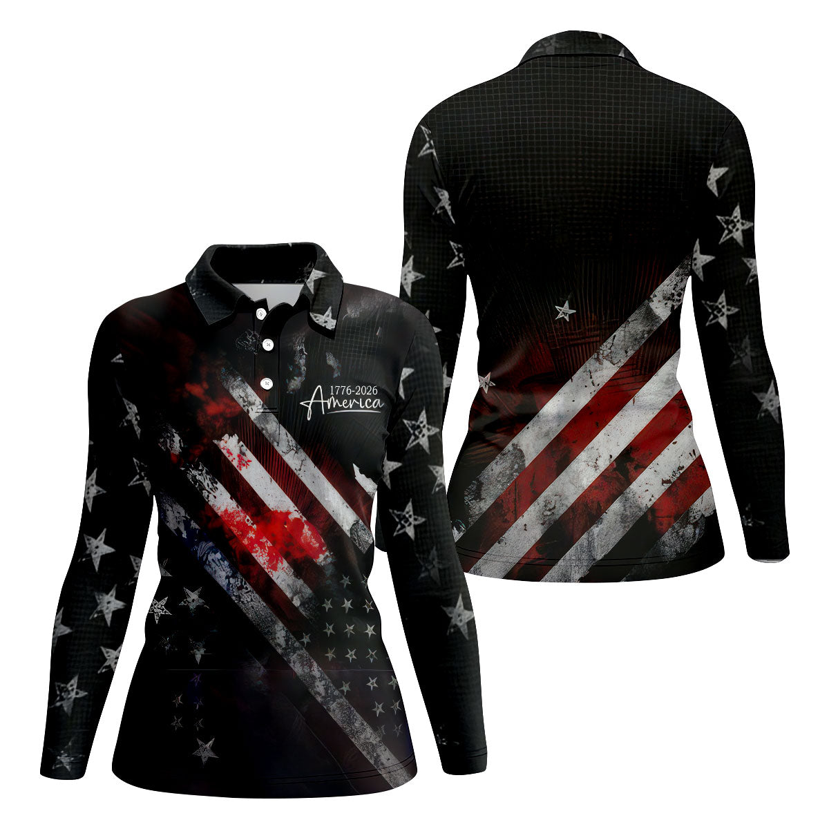 1776-2026 America Distressed Flag Black Golf Shirt, Patriotic 4th Of July Golf Shirt For Women