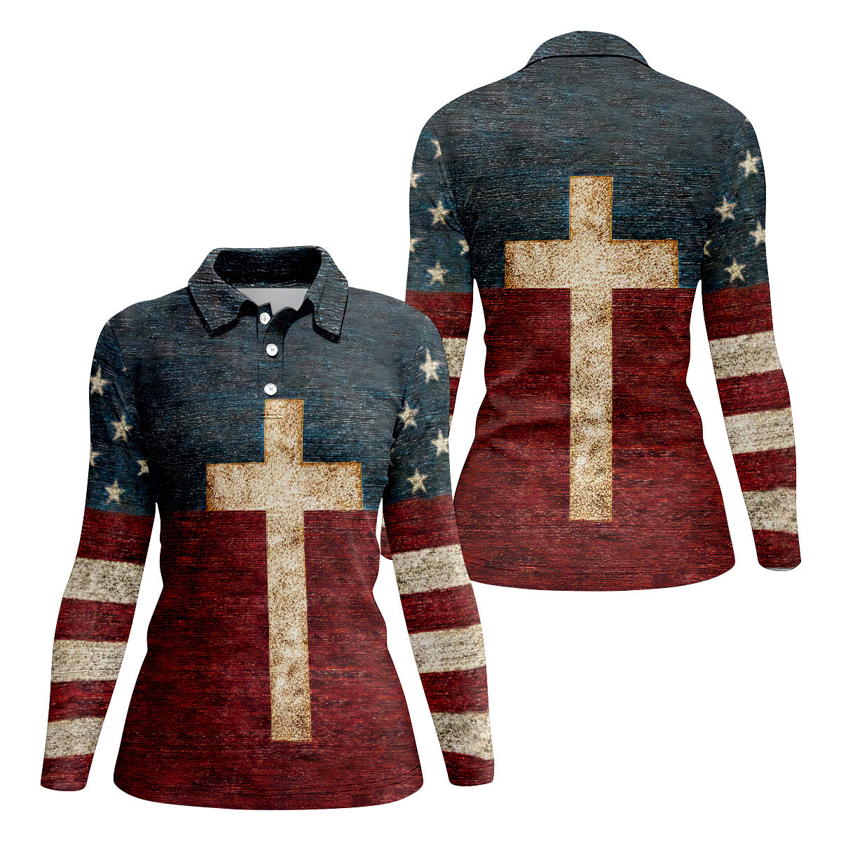 American Flag USA Faith Christian Cross Golf Shirt, Patriotic 4th Of July Golf Shirt For Women