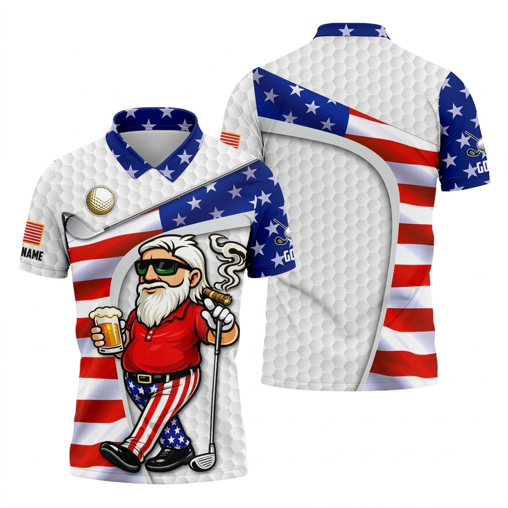 Custom Name Patriotic Golfing Man Polo - Funny Beer & Cigar White Golf Shirt, America 250th Anniversary Hexagon Pattern