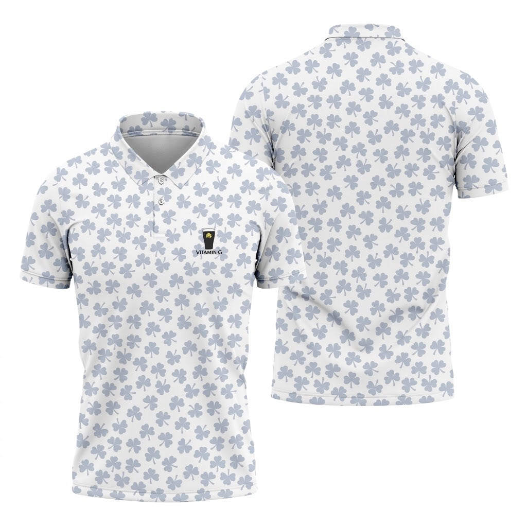 Vitamin G Shamrock Pattern Golf And Beer White Golf Shirt, St Patrick's Day Golf Shirt, Polo Shirts For Men