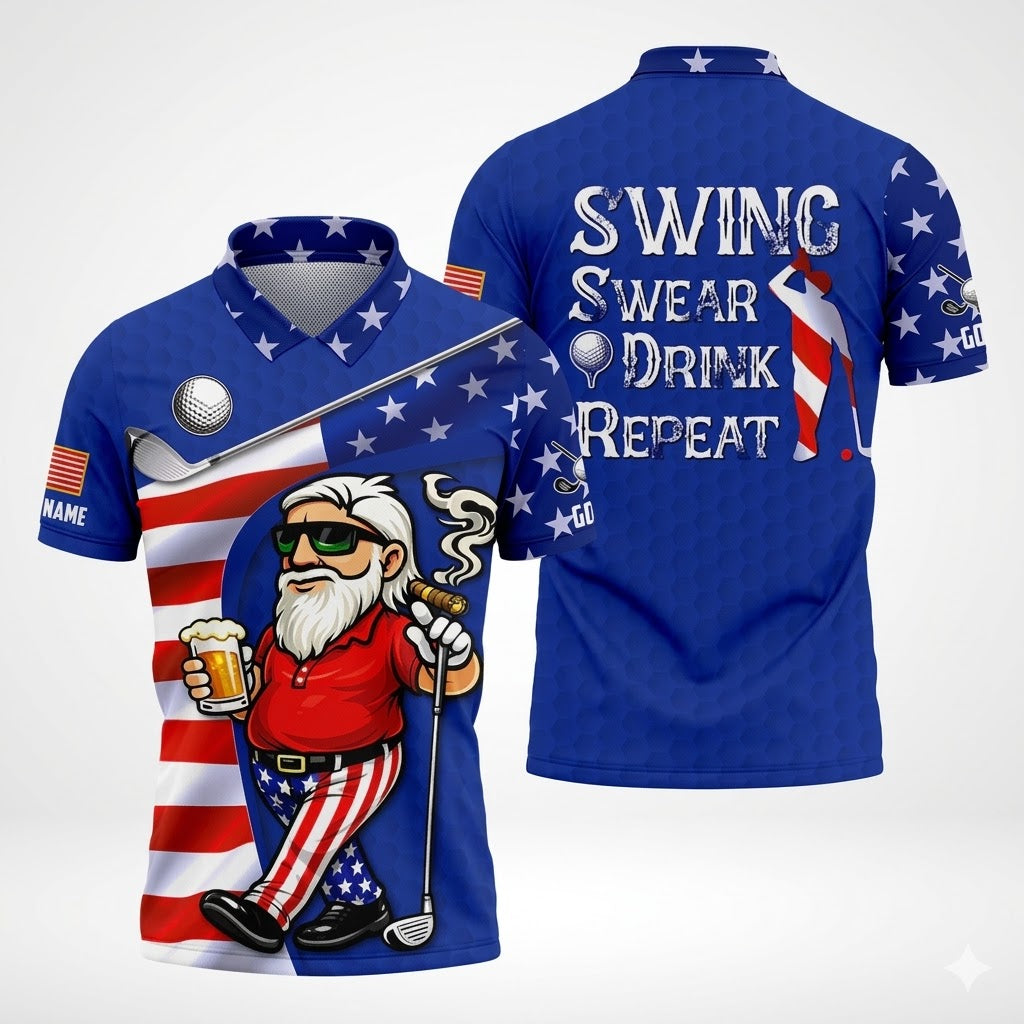 Custom Name Swing Swear Drink Repeat Polo - Funny Beer & Golf Men's Shirt, Patriotic 250th Anniversary Navy Golfing Top