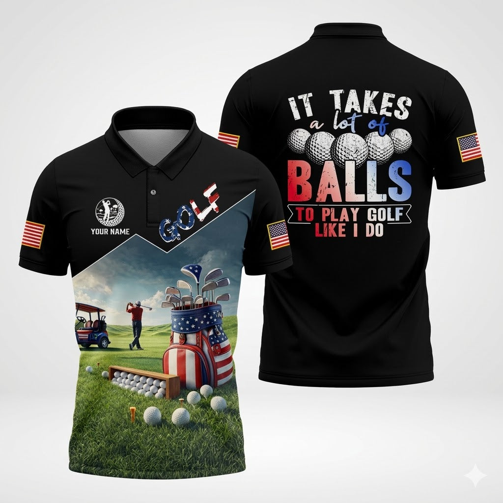 It Takes A Lot Of Balls Patriotic Golf Tops For Men, Funny Golf Shirt, US 250th Anniversary Polo Shirts For Men