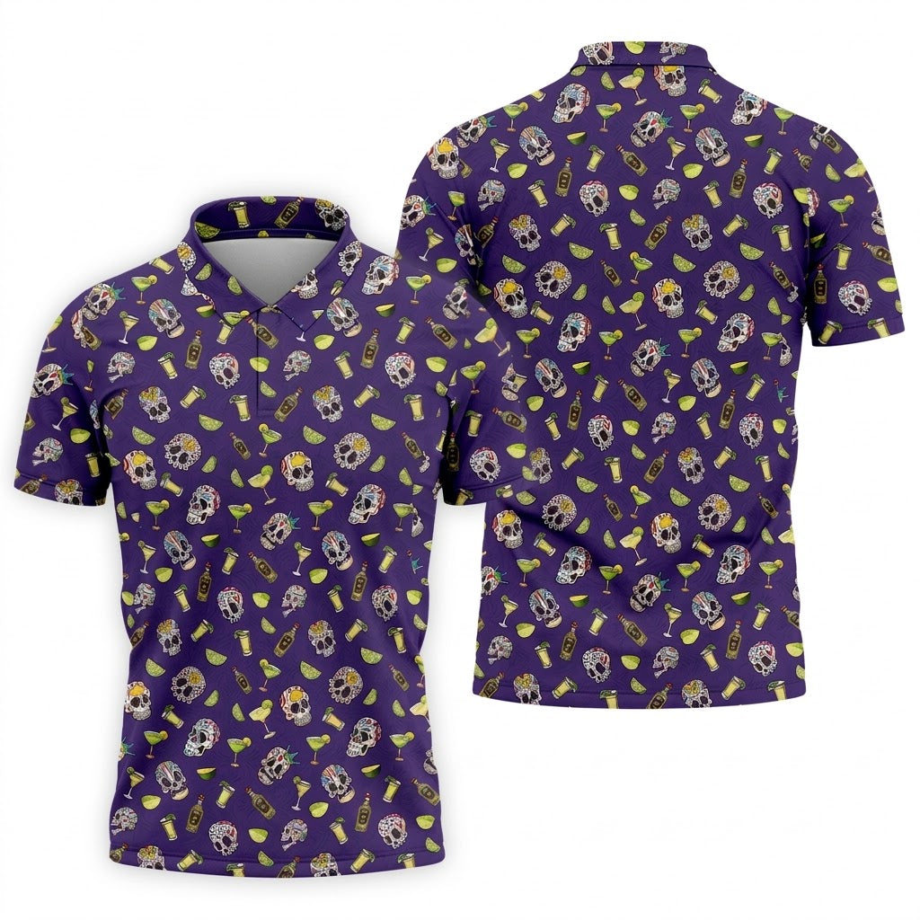 Decorated Sugar Skulls Cinco De Mayo Celebration Fiesta Themed The Purple Haze Golf Shirts For Men