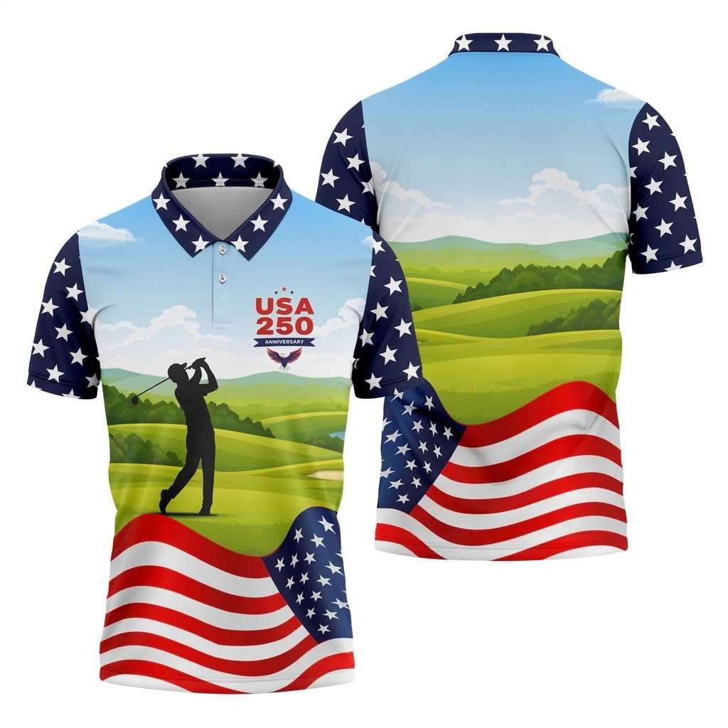 USA 250th Anniversary American Flag Golf Shirt, Patriotic 4th Of July Golf Shirts For Men