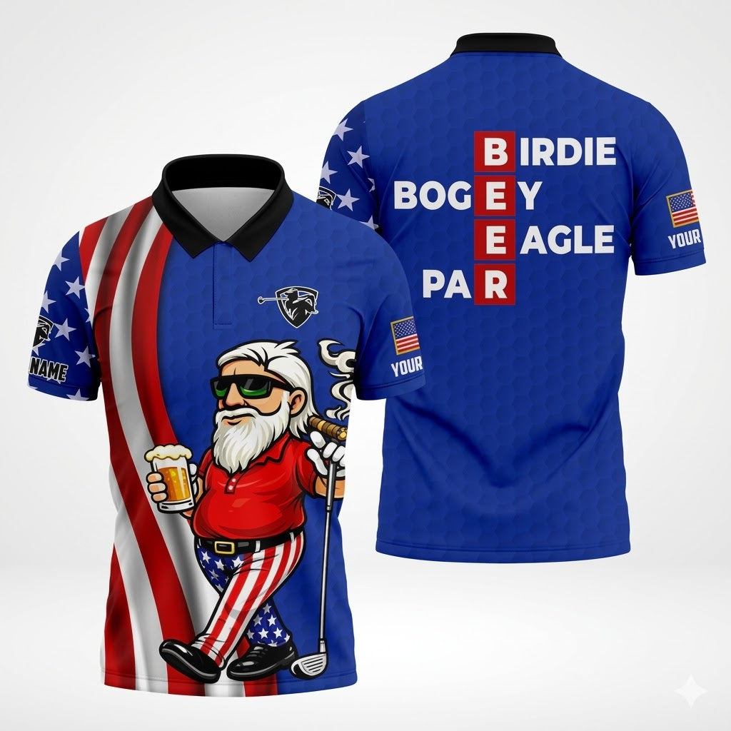 Patriotic Man Golf And Beer Funny 4th Of July Navy Golf Shirt, 250 Years Of America Golf Shirts For Men