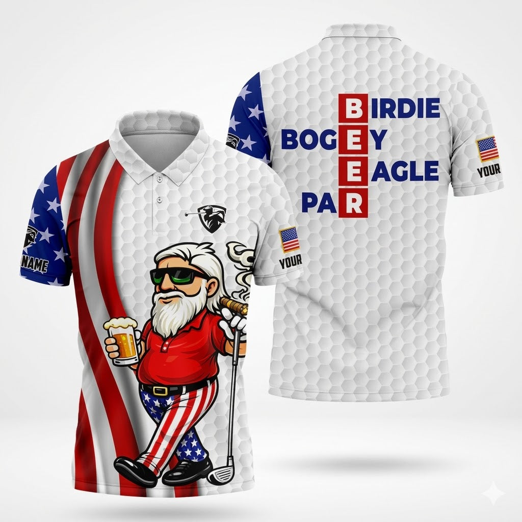 Custom Name Beer Golf Polo, Birdie Bogey Eagle Par Funny Men's White Shirt, Patriotic 250th Anniversary Golfing Top